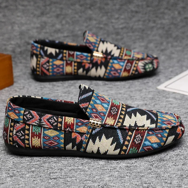 Women's comfortable summer loafers with vibrant Aztec pattern, lightweight and easy slip-on style.