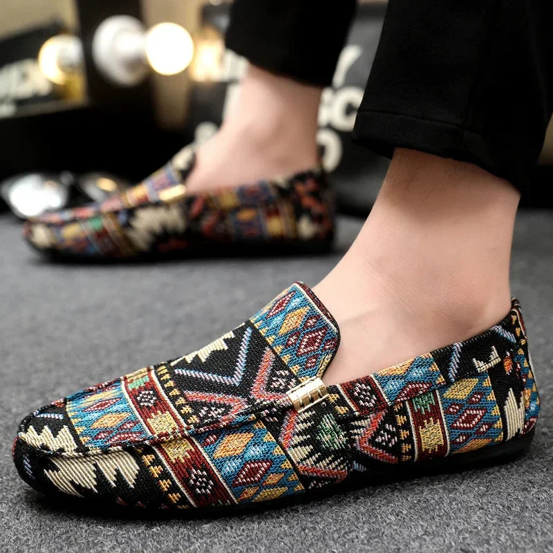 Fashionable women's Aztec pattern loafers, slip-on and comfortable for warm weather casual wear.