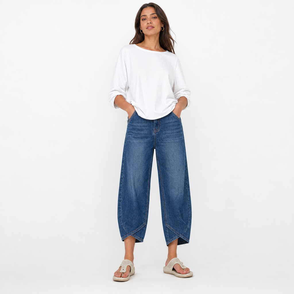 Casual women's barrel leg cropped jeans, made from quality denim, offering a modern stylish look.