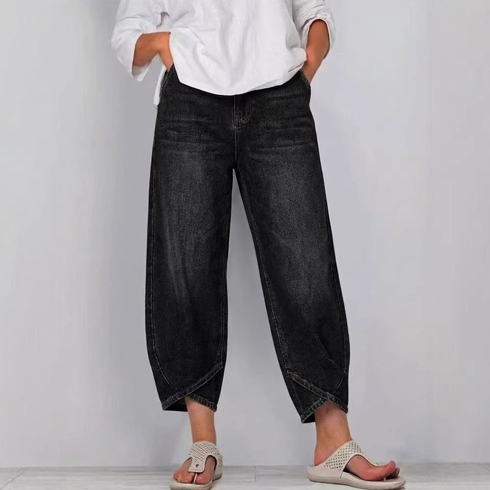 Trendy women's barrel leg cropped denim jeans for versatile fashion and comfortable casual wear.