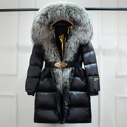 Women's stylish belted puffer coat for winter warmth. Long, fashionable outerwear perfect for cold weather.