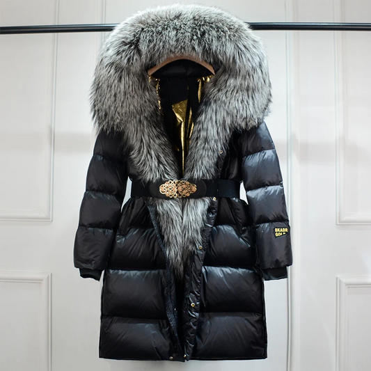Women's stylish belted puffer coat for winter warmth. Long, fashionable outerwear perfect for cold weather.