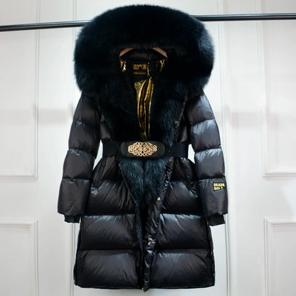 Elegant women's long belted puffer coat in black, providing ultimate warmth & style for severe cold weather.