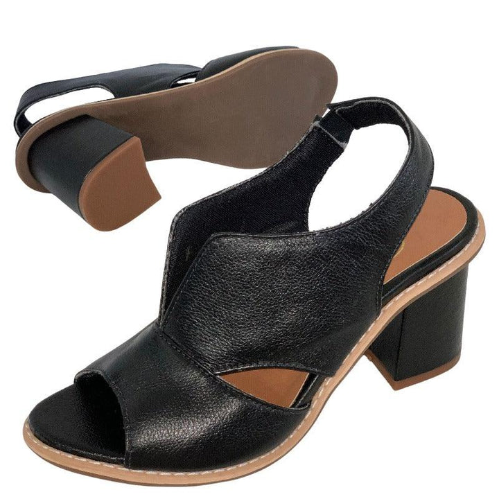 Women's buckle heeled sandals, featuring a comfortable block heel and open-toe design.