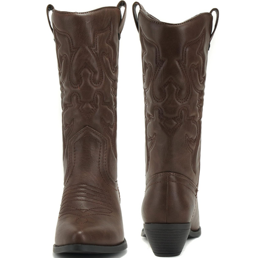 Women's stylish black leather pointed toe western cowboy boots. Gracia knee-high fashion footwear.