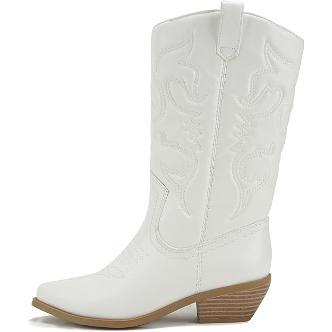 Trendy women's knee-high western boots with a pointed toe. Stylish pull-on cowboy footwear.