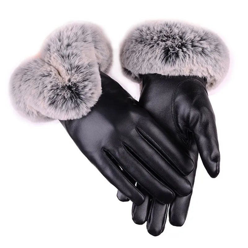 Women's stylish black PU leather gloves with elegant faux fur trim, perfect for winter fashion.