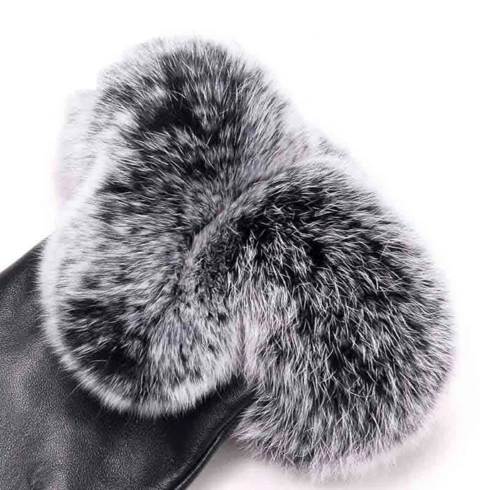 Close-up of women's fashion gloves showcasing the shiny PU leather and soft, fluffy faux fur trim.