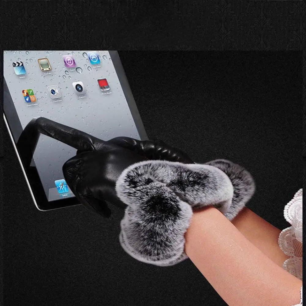 Elegant women's cold weather gloves; black PU leather design with a plush faux fur cuff, very chic.