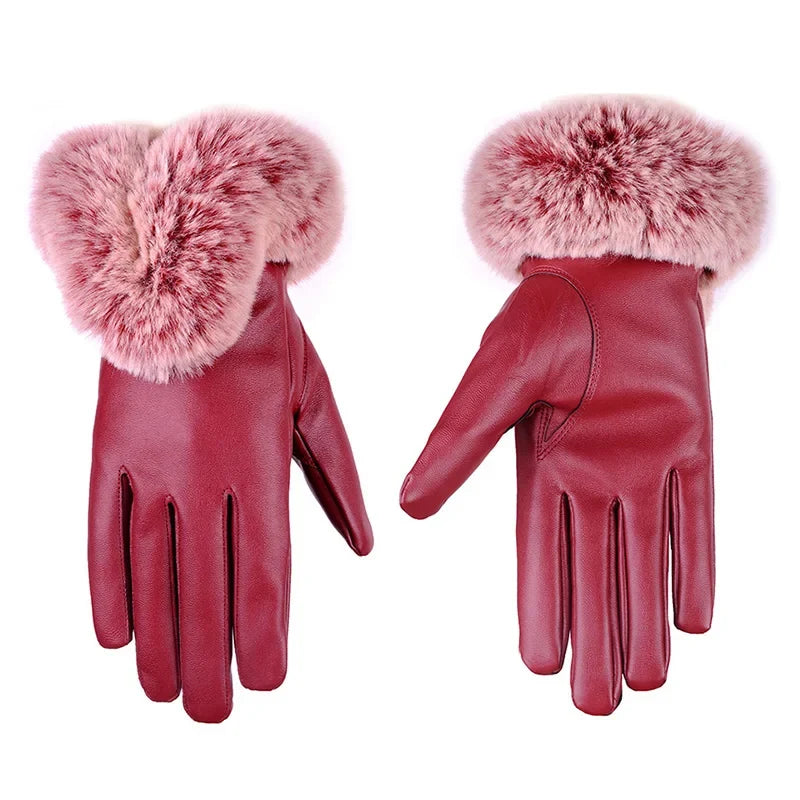 Chic women's PU leather gloves featuring a plush faux fur trim, an essential accessory for cold weather style.
