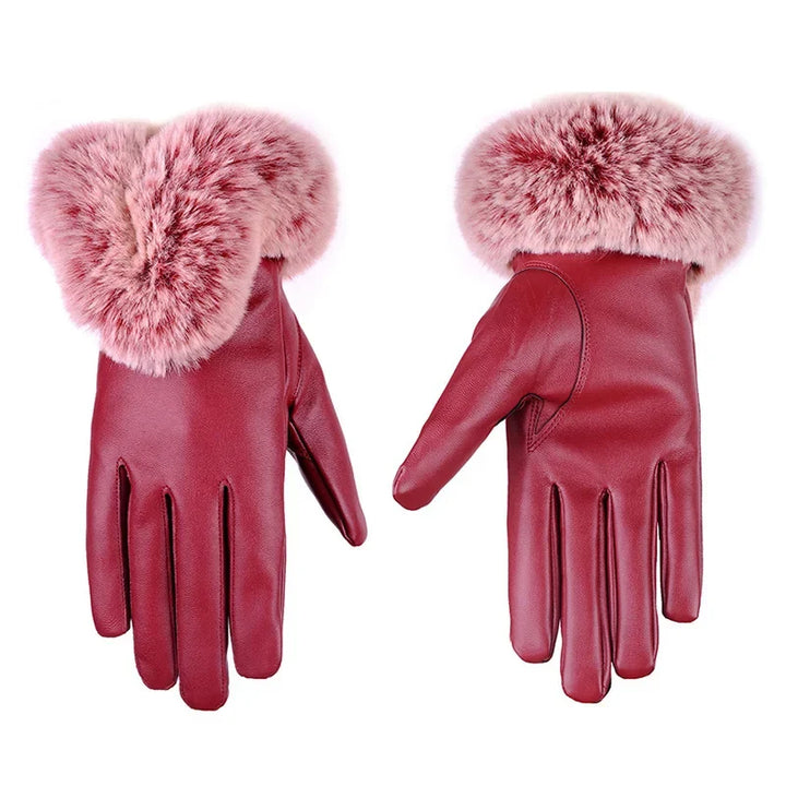 Chic women's PU leather gloves featuring a plush faux fur trim, an essential accessory for cold weather style.