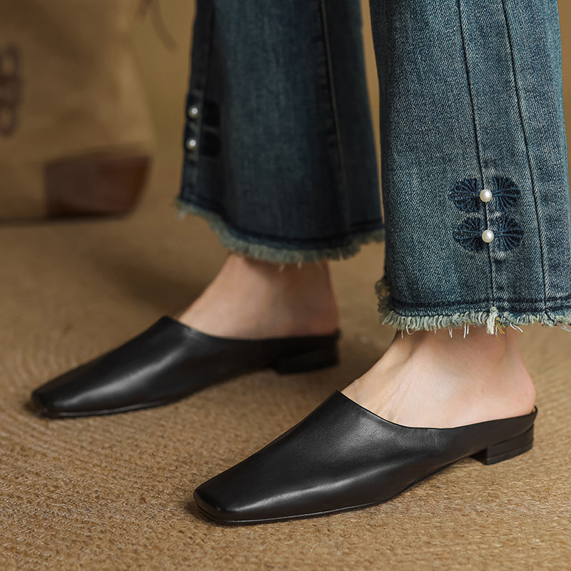 Elegant cream square-toe slip-on mules, perfect for women seeking versatile and modern footwear.