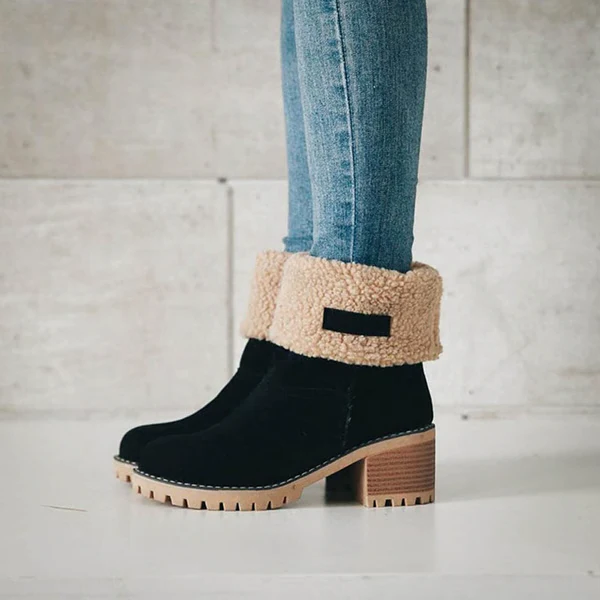 Women's stylish block heel snow boots, perfect for warm winter comfort & cold weather adventures.