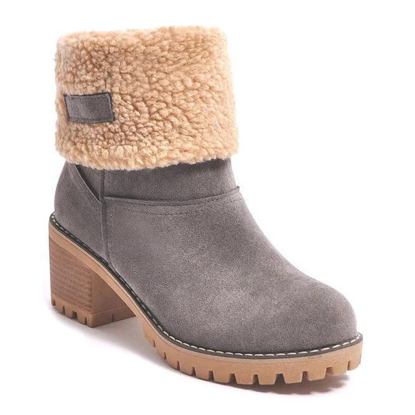 Waterproof women's block heel snow boots with non-slip sole, ensuring warm & dry winter comfort.