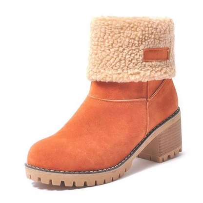 Warm & stylish women's block heel snow boots, a perfect winter footwear fashion gift for cold weather.