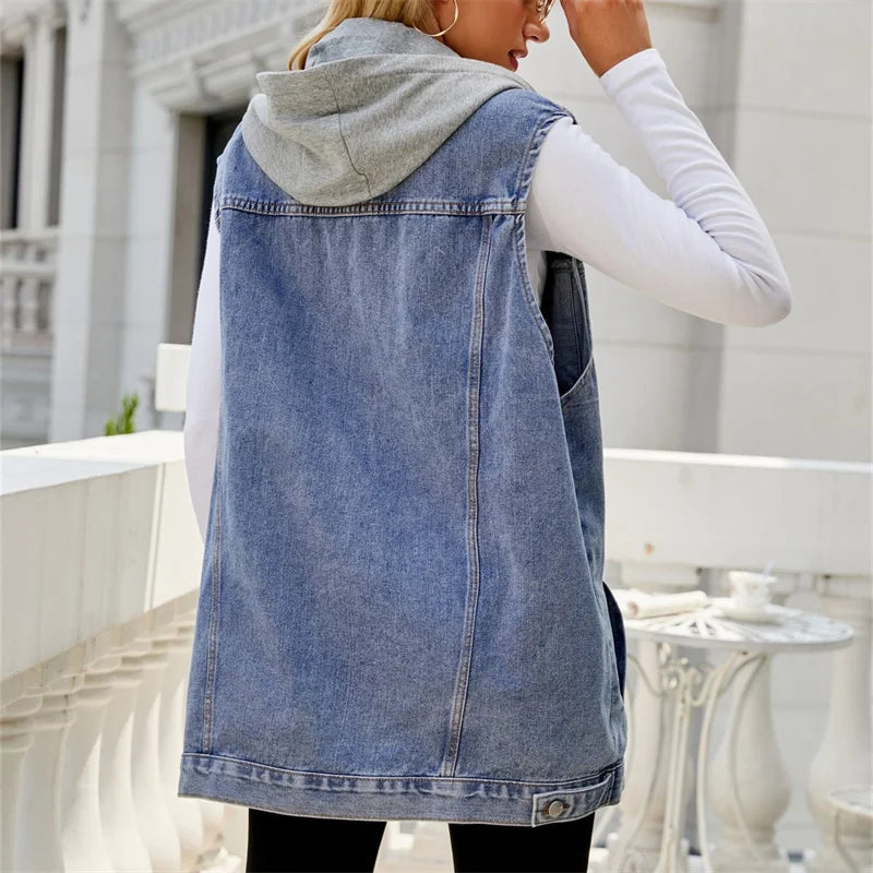 Black denim hooded vest for women, a stylish casual layering piece. Everyday sleeveless jacket for versatile outerwear.