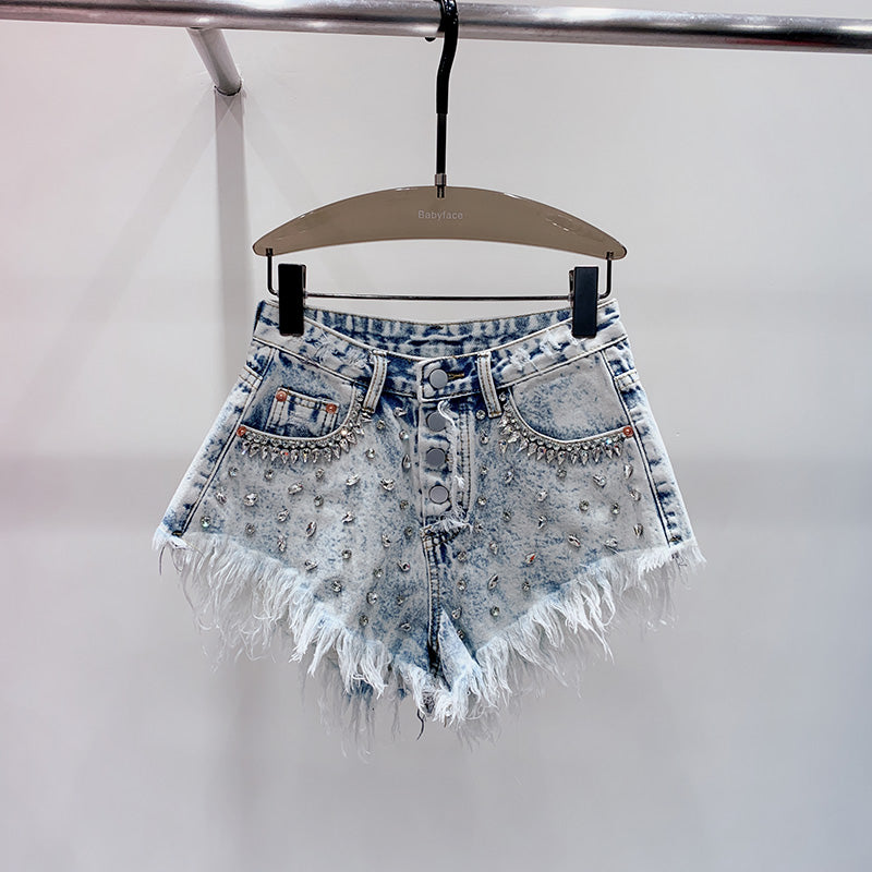 Women's stylish blue high-waist casual shorts, perfect for summer fashion and comfortable wear. Handmade quality.