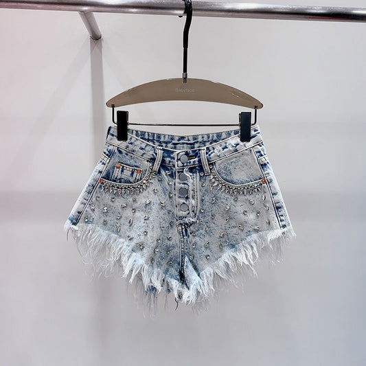 Women's stylish blue high-waist casual shorts, perfect for summer fashion and comfortable wear. Handmade quality.