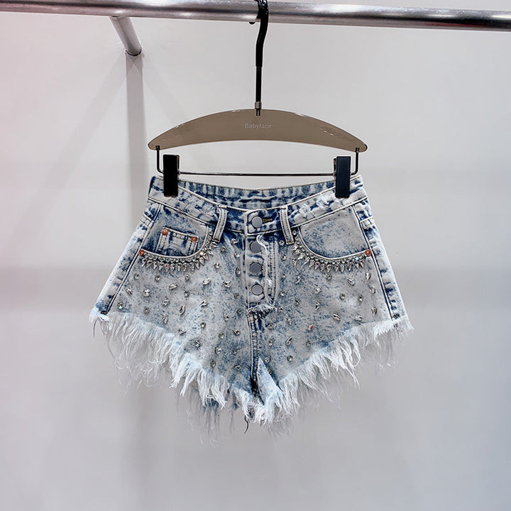 Women's stylish blue high-waist casual shorts, perfect for summer fashion and comfortable wear. Handmade quality.