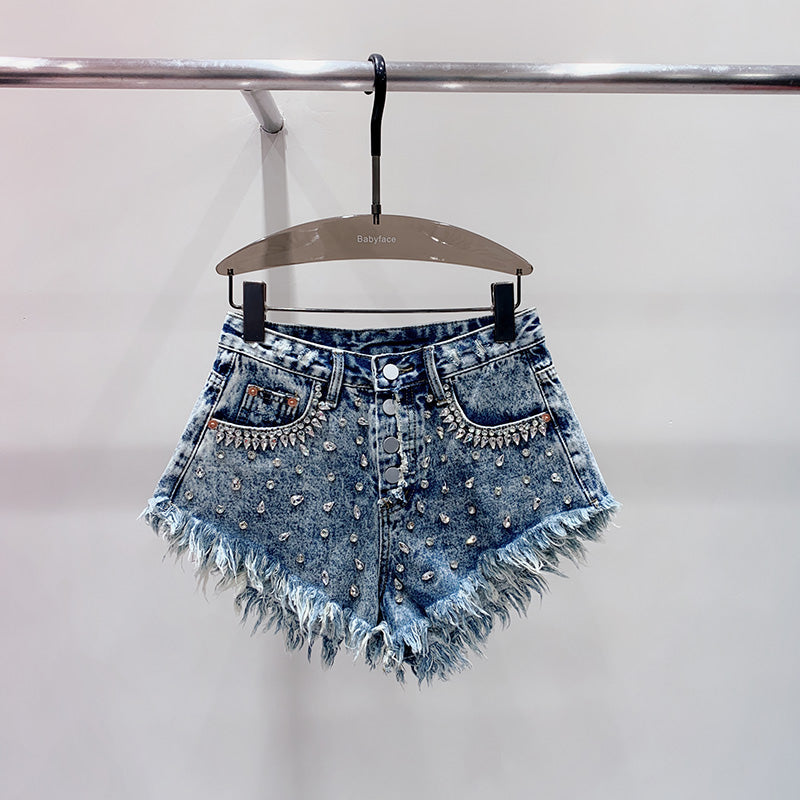 Comfortable women's blue high-waist casual shorts, ideal for summer. Features stylish design & handmade quality.