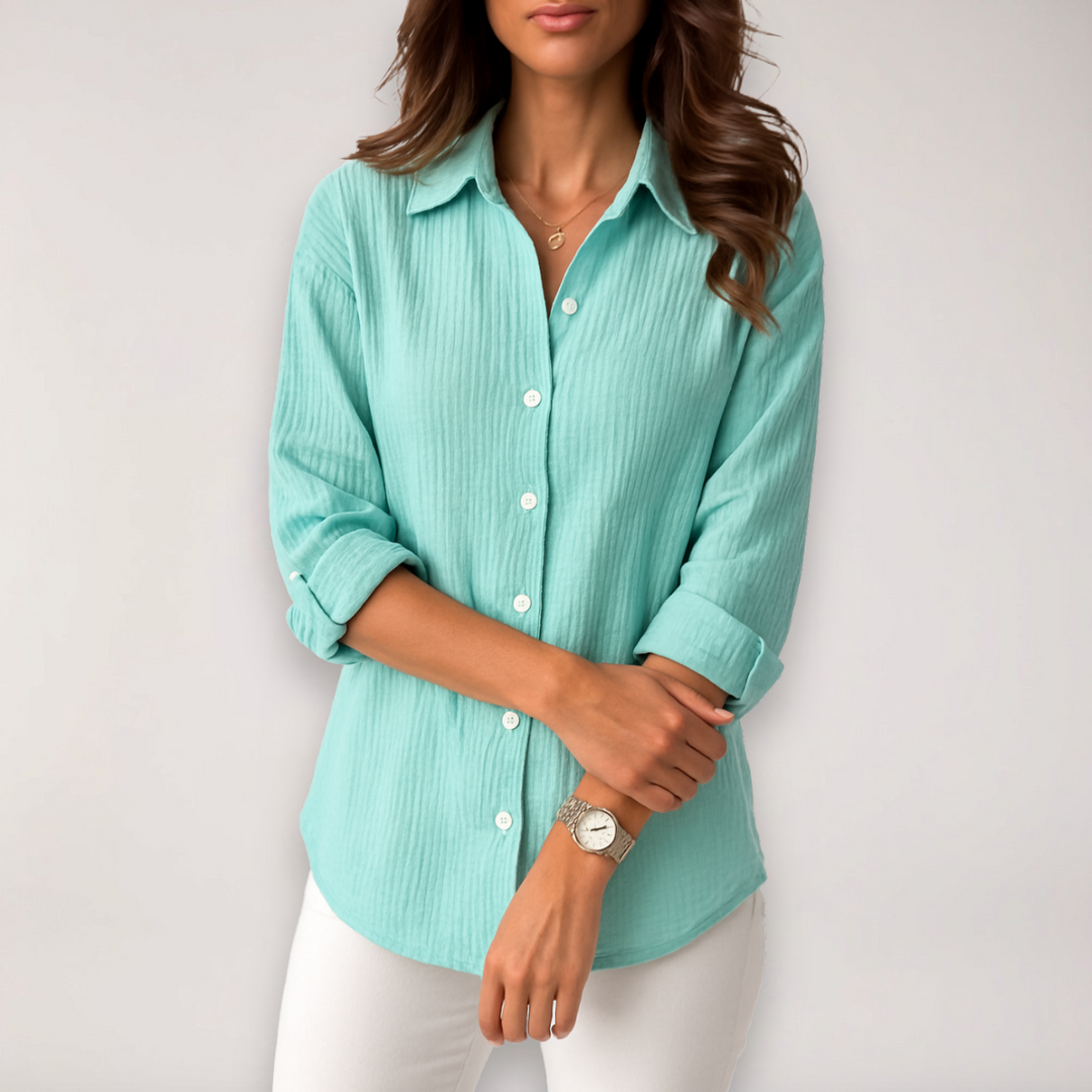 Grey women's lightweight button-front blouse, featuring roll-up sleeves for a stylish, everyday look.