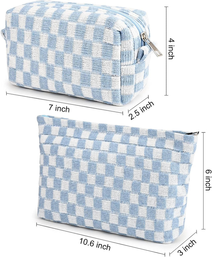 Convenient 2-piece checked cosmetic travel bag.