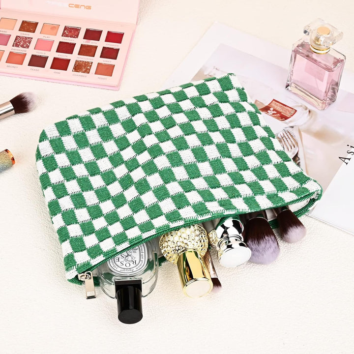 Versatile checked toiletries bag set for women.