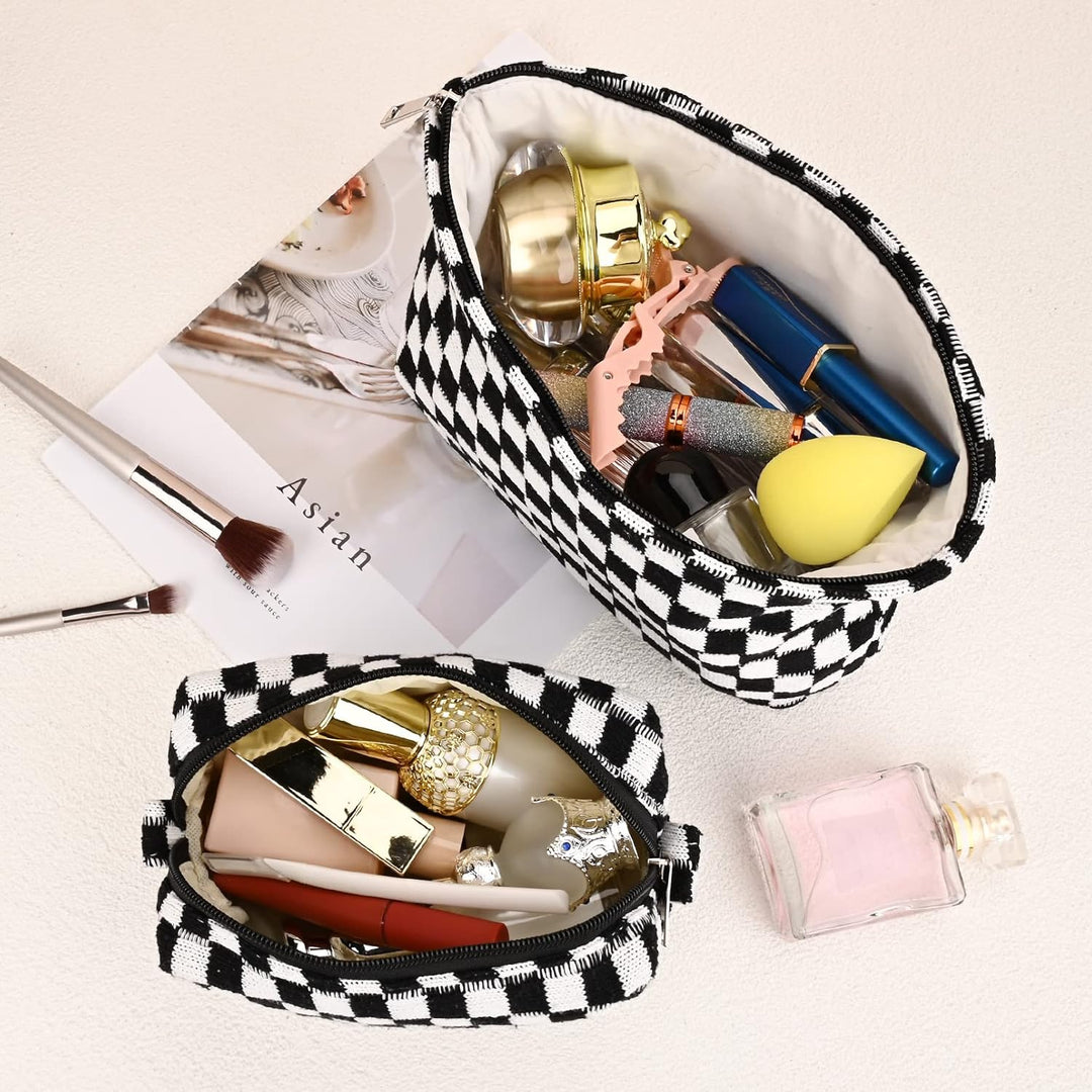 Practical canvas checked make-up bag set for toiletries.