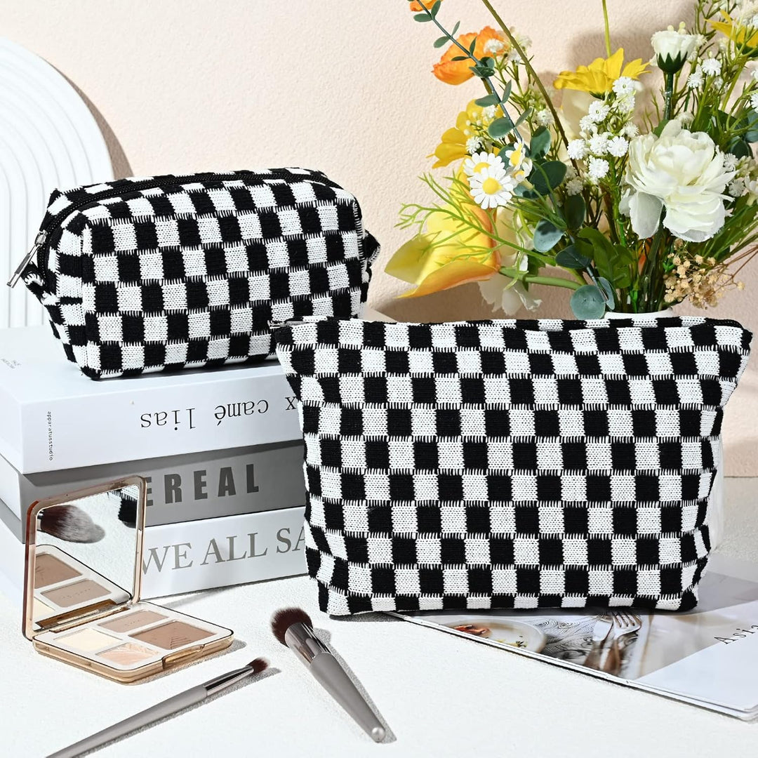 Versatile 2-piece checked pattern make-up organizer.