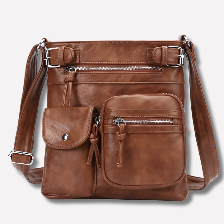 Women's stylish coffee crossbody bag with multiple pockets, perfect for organized everyday use.