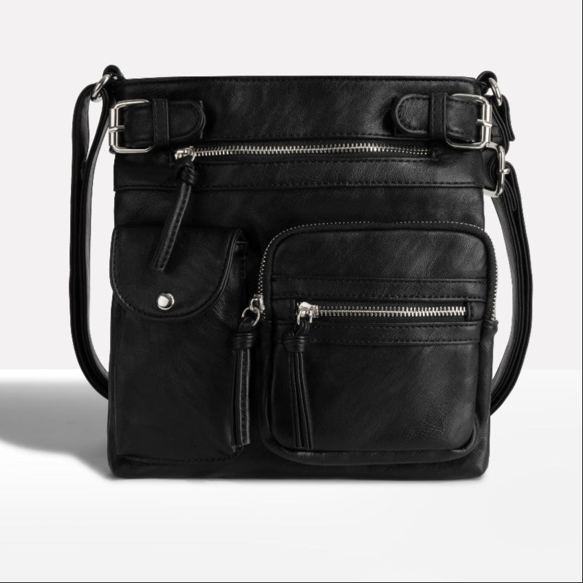 Red stylish women's handbag, a functional crossbody bag featuring convenient multiple pockets.