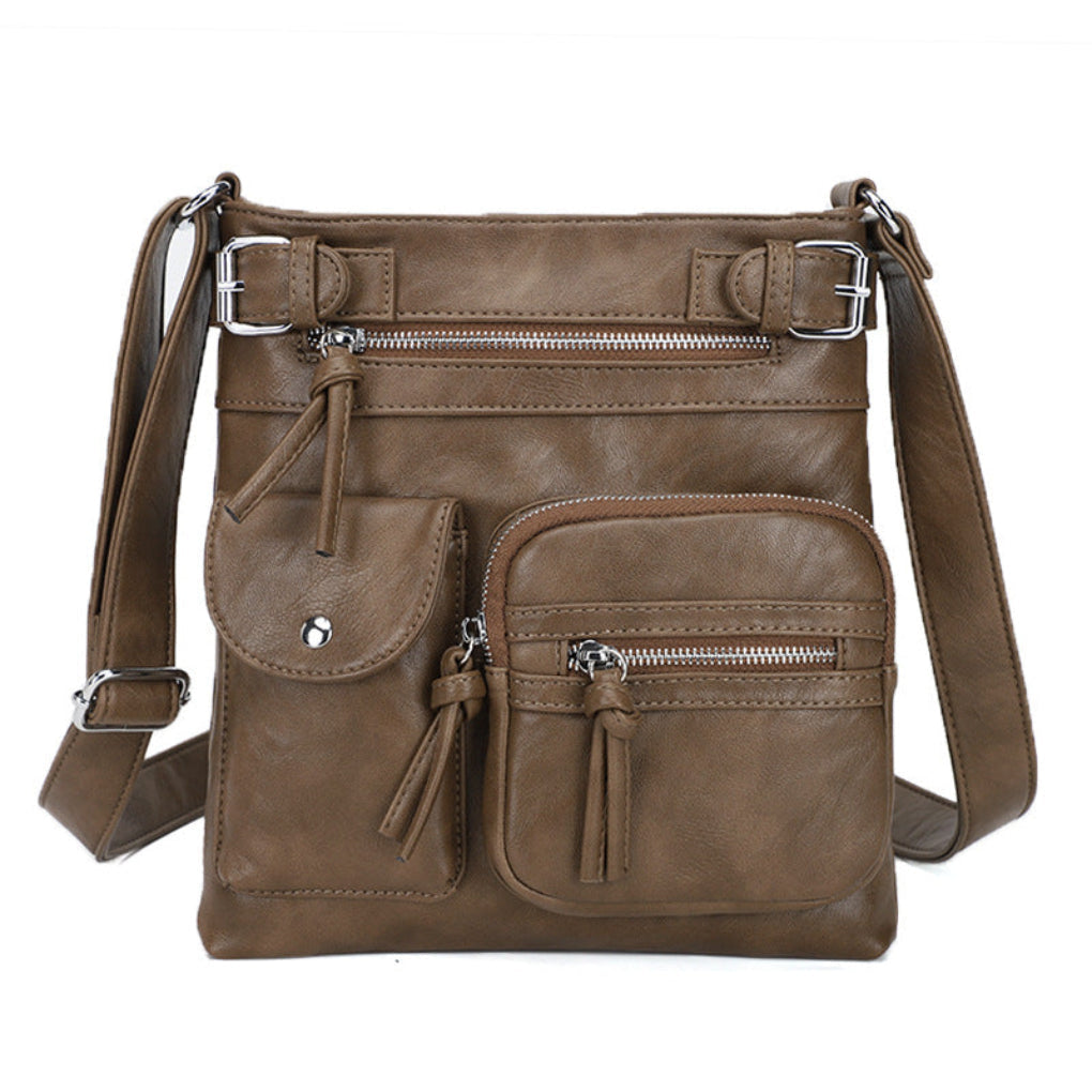 Women's fashionable coffee crossbody bag with multiple pockets for organized daily essentials.
