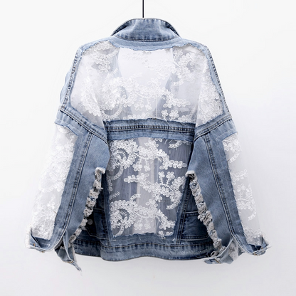 Women's stylish frayed edge denim jacket, perfect for versatile casual wear & modern layering.