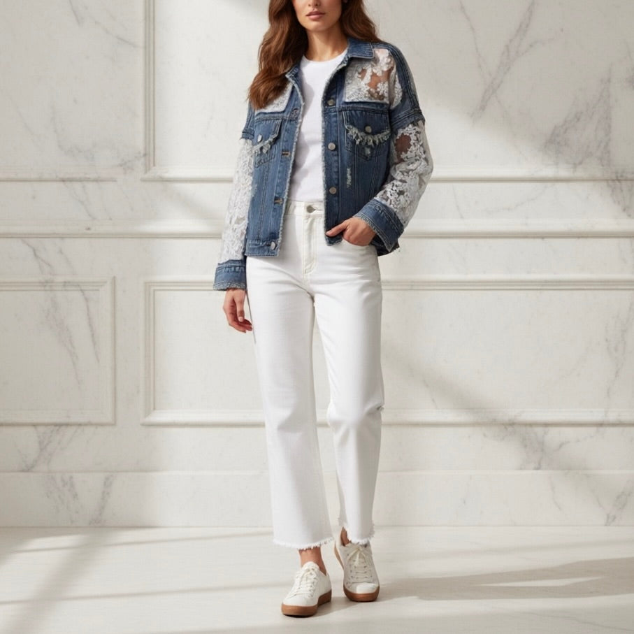 Modern women's frayed edge denim jacket, a trendy layering piece for casual street style.