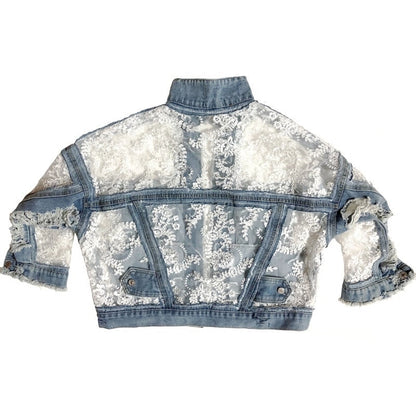 Chic women's denim jacket with unique frayed edges. This modern casual outerwear is highly versatile.