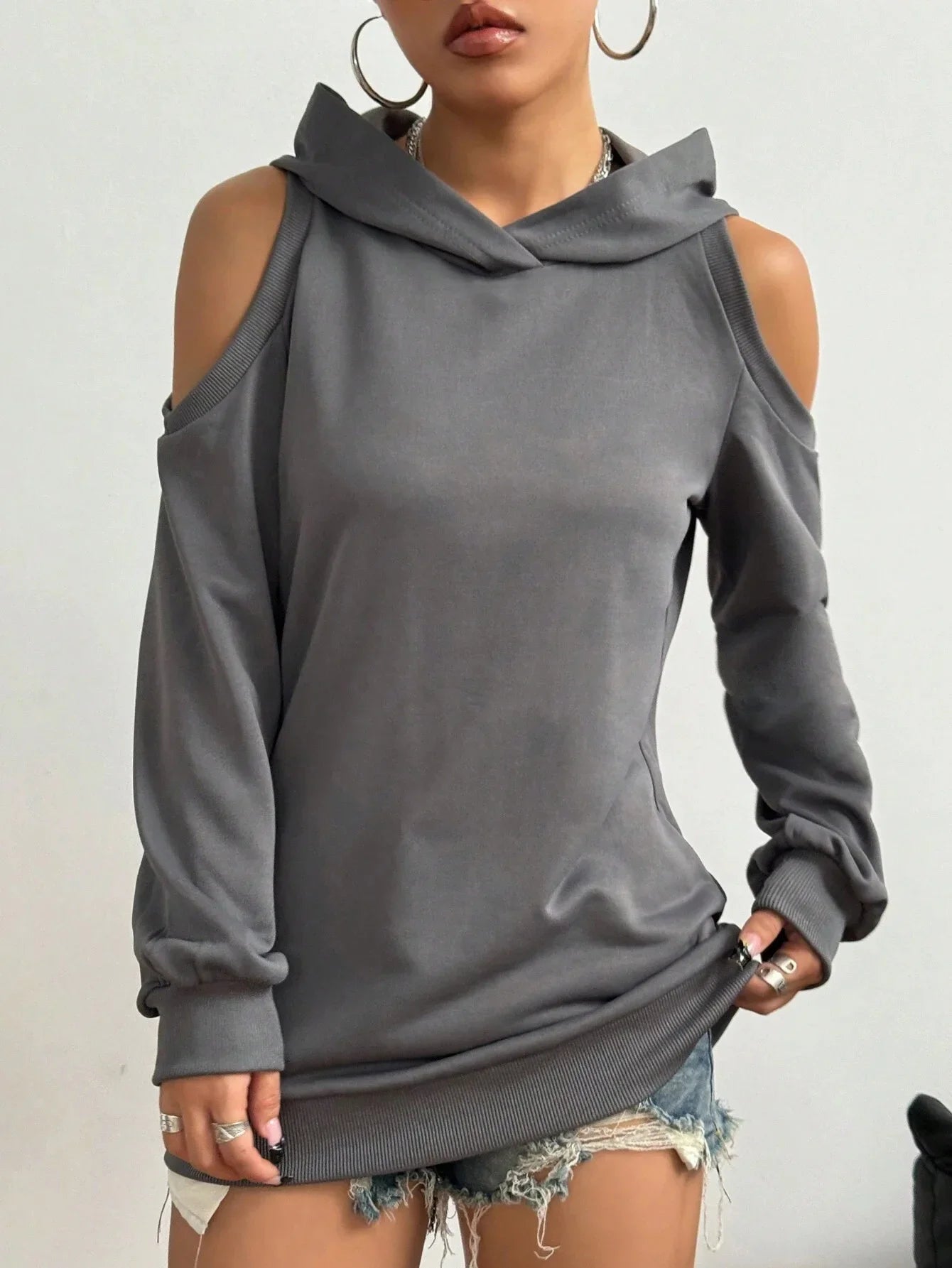 Women's stylish gray off-shoulder hoodie for effortless comfort and chic casual wear.