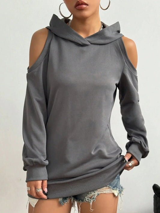 Women's stylish gray off-shoulder hoodie for effortless comfort and chic casual wear.