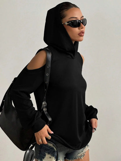 Versatile black off-shoulder women's hoodie, a stylish cutout top for comfortable everyday fashion.