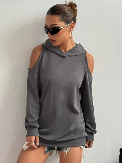 Red women's off-shoulder top, a chic cutout hoodie perfect for comfortable casual wear.