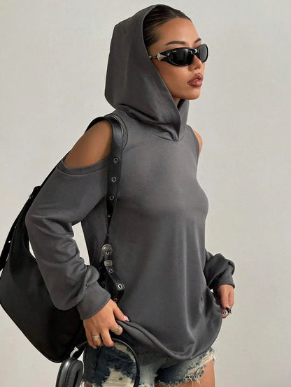 Chic gray off-shoulder cutout hoodie for women, offering a stylish & comfortable relaxed fit.