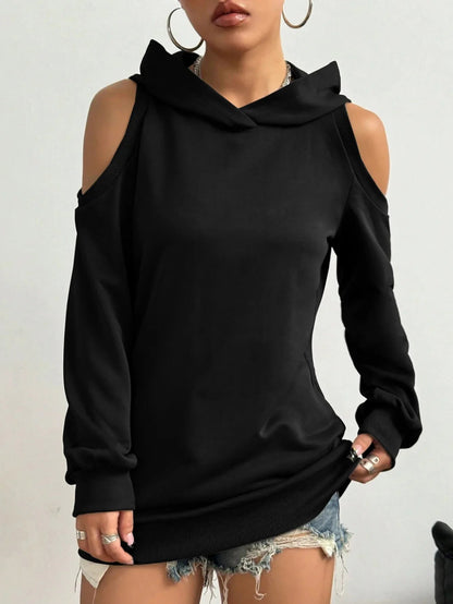 Fashionable black women's off-shoulder hoodie, a comfortable relaxed-fit sweatshirt for casual chic.