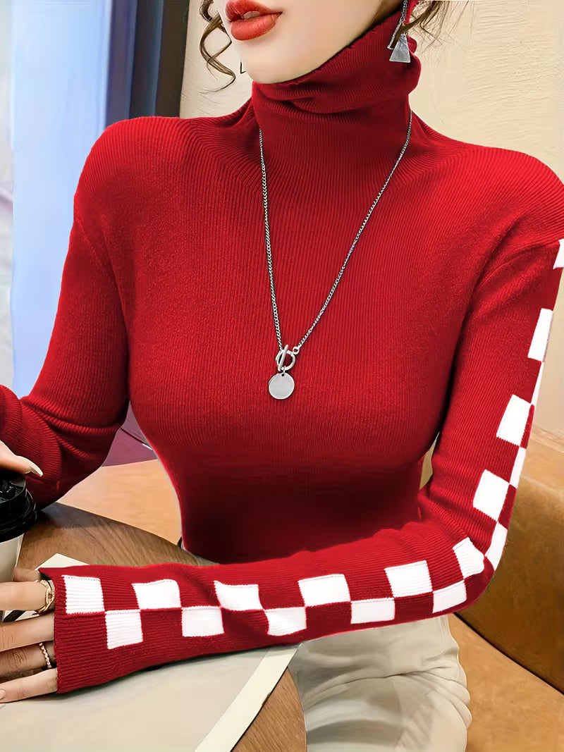 Casual women's check sleeve high-neck sweater. Comfortable & stylish winter fashion statement piece.
