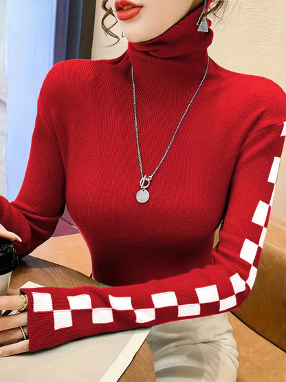 Casual women's check sleeve high-neck sweater. Comfortable & stylish winter fashion statement piece.