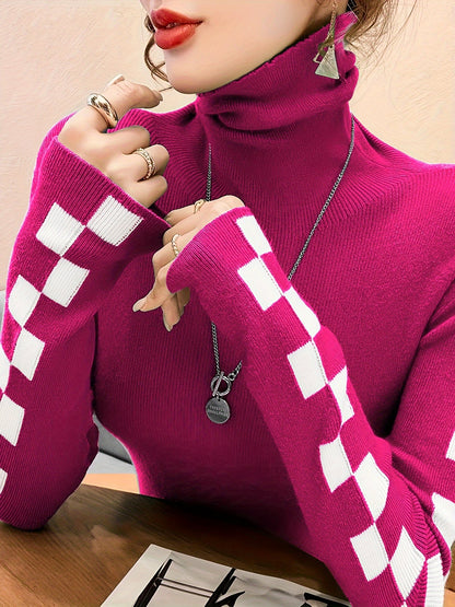 Versatile women's high-neck check sleeve sweater, suitable for elegant or casual winter styling.