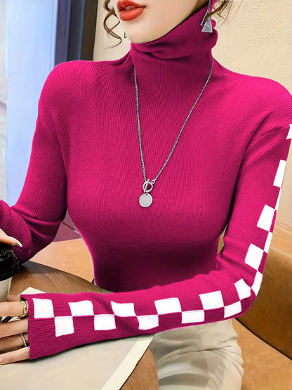 Warm women's turtleneck sweater with stylish check sleeves, a must-have for cold weather fashion.
