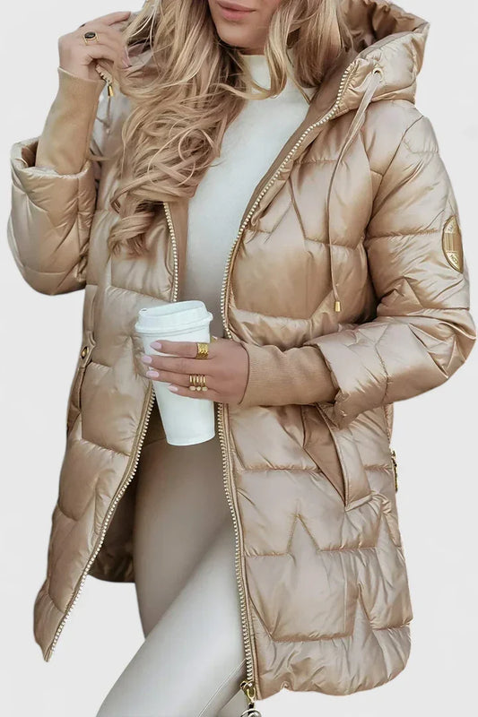 Women's stylish hooded coat for fall & winter warmth. Elegant long outerwear, perfect for cold weather fashion.