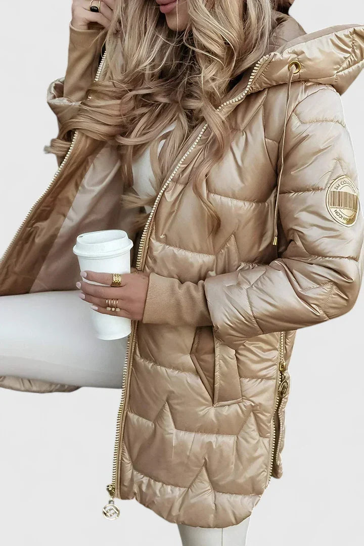 Elegant women's hooded long coat with a flattering fit. Warm fall & winter outerwear for a stylish, cozy look.