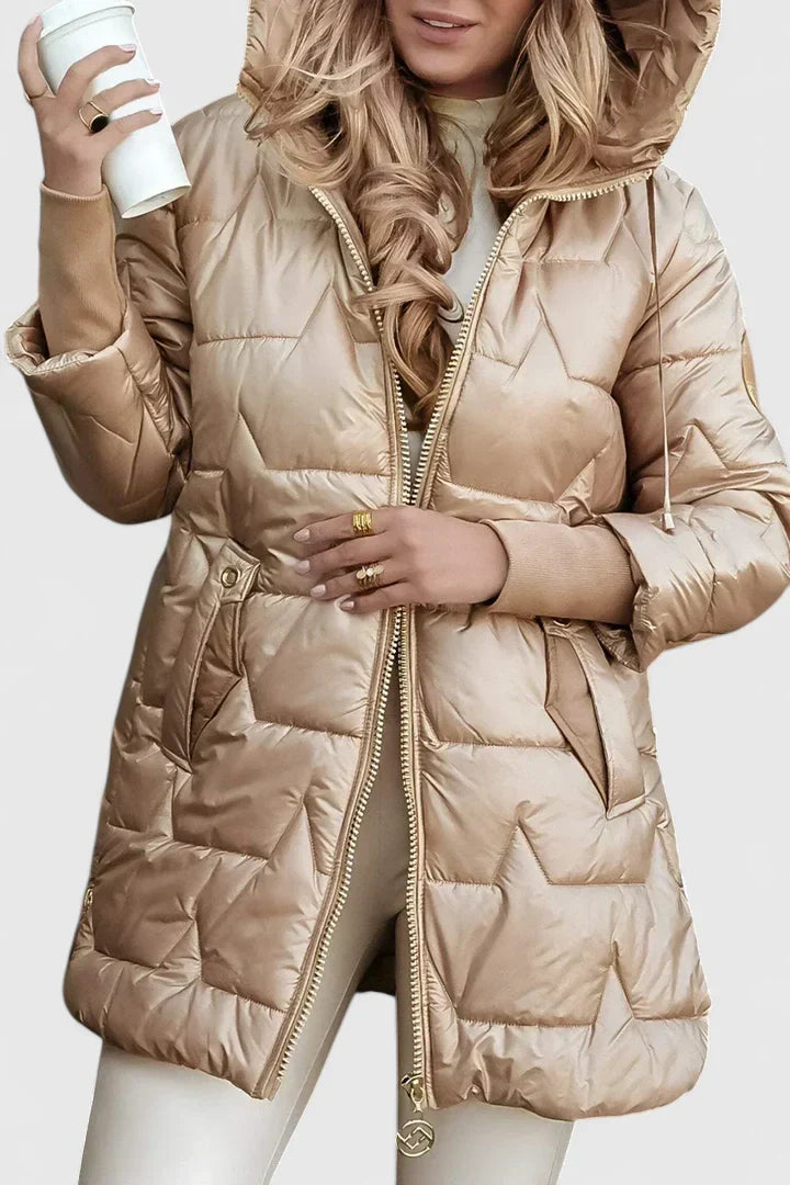 Warm women's hooded coat for fall & winter. Stylish long outerwear with a cozy hood, offering protection and elegance.