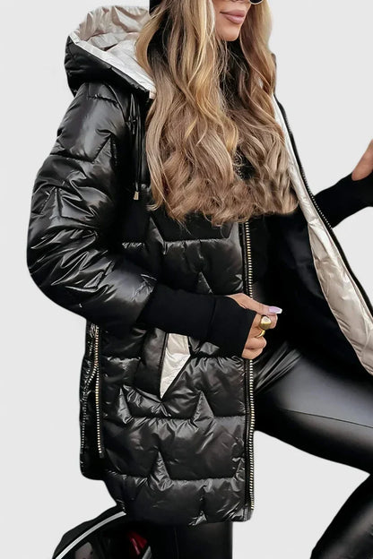 Women's warm hooded long coat. Stylish fall & winter outerwear for elegant, cozy cold-weather fashion and comfort.