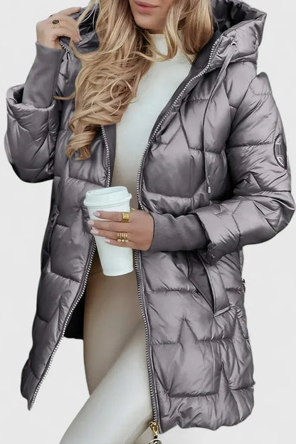 Women's stylish hooded fall coat. Warm long winter outerwear, perfect for chilly days, combining fashion & function.